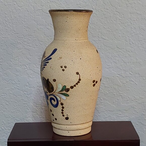 Hand Painted Tonala Mexican Pottery Floral Bird Vase - Picture 2 of 16